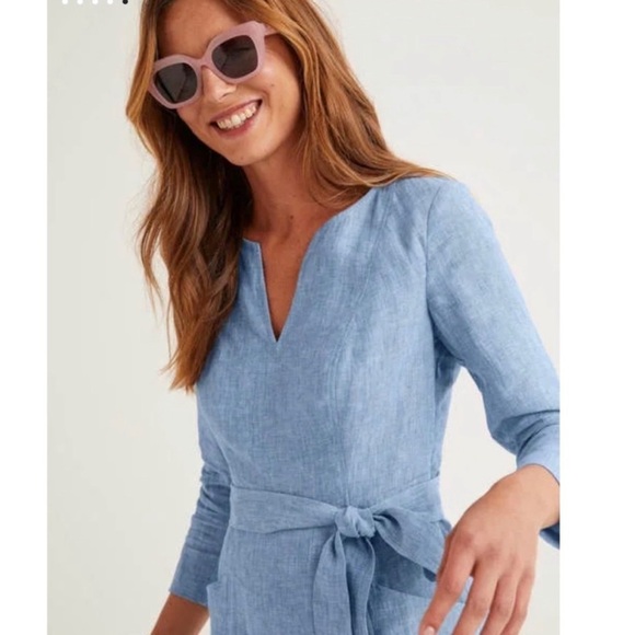 Boden Kelsey Tunic Dress Chambray Blue Linen 3/4 Sleeve Tie Belt Size 12 NWT - Picture 14 of 14